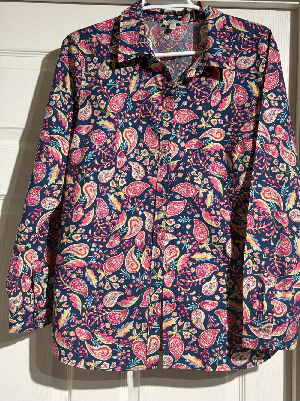 Talbots Navy Paisley Women’s Button-up Shirt with Pink & Yellow Accents, LARGE